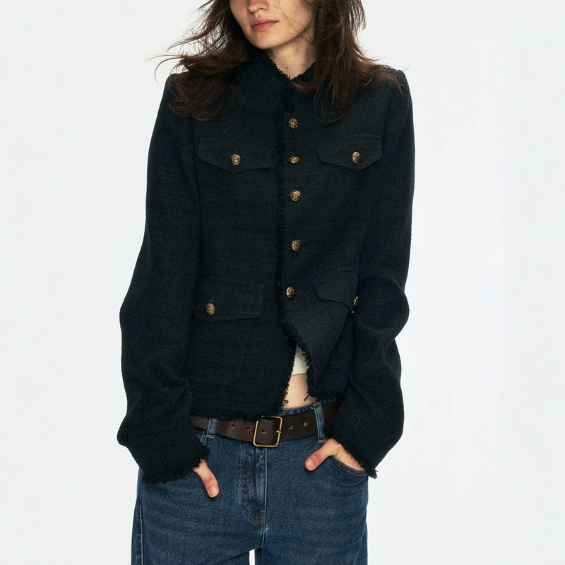 Wool Blend Tweed Small Stand Collar Cinched Waist Equestrian Jacket Black Wool Blend Tweed Small Stand Collar Cinched Waist Equestrian Jacket Black