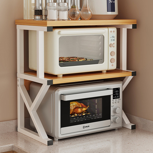 Kitchen microwave shelf, multi-functional household countertop storage rack, double-layer oven support, layered organization shelf
