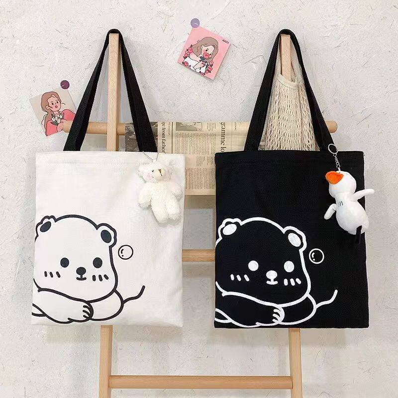 Cute Bear Versatile Canvas Tote Bag 2024 New Model for Students to Carry Books to Class, Large Capacity Printed Shoulder Bag Cute Bear Versatile Canvas Tote Bag 2024 New Model for Students to Carry Books to Class, Large Capacity Printed Shoulder Bag