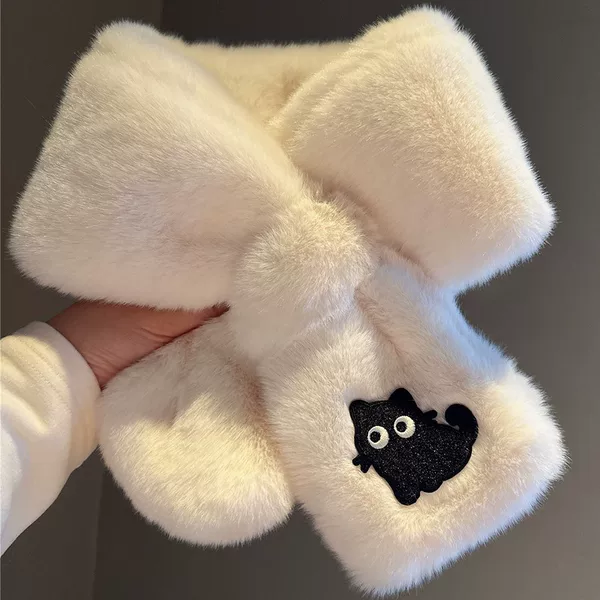 Sweet and Cute Cartoon Cat Plush Scarf for Women Winter New Thickeneded Warm Neck Protection Cross Neck Scarf Short Style