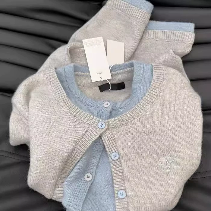 Серый вязаный кардиган-жакет для женщин, двухслойный, контрастный серый цвет, новинка весна-осень 2025