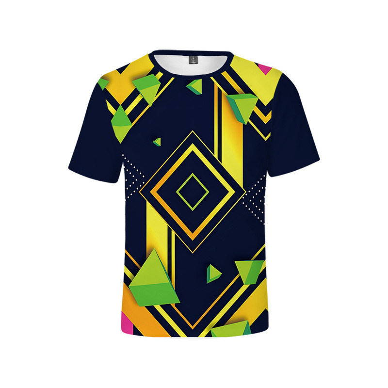 Colorful Geometric 3D Creative Printed T-Shirt Summer Adult and Kidsren Short-Sleeved Round Neck T-Shirt Casual