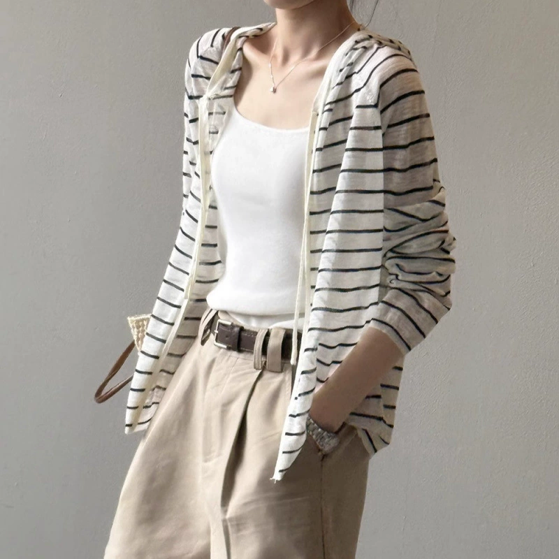 Вязаный солнцезащитный кардиган для женщин летом, ленивый стиль с юбкой на подтяжках, шалью, верхом, тонкой курткой с капюшоном, блузкой.