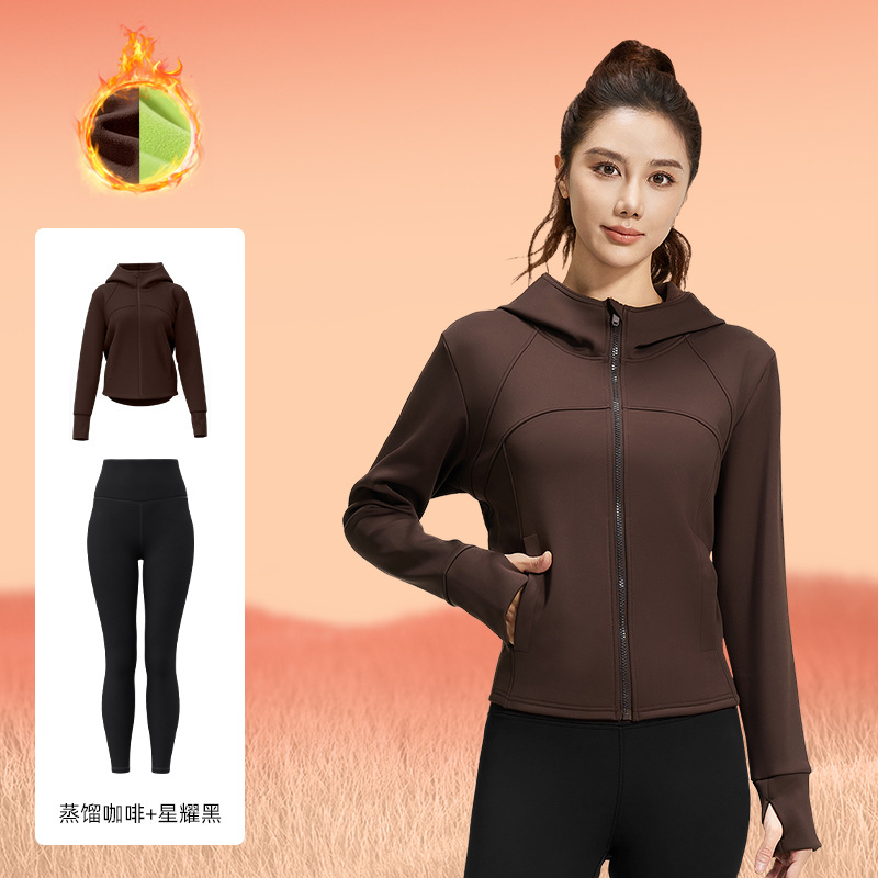 Juyi Tang otoño invierno miel de melocotón juego deportivo abrigo suelto bolsillo capuchón de lana grueso juego de yoga