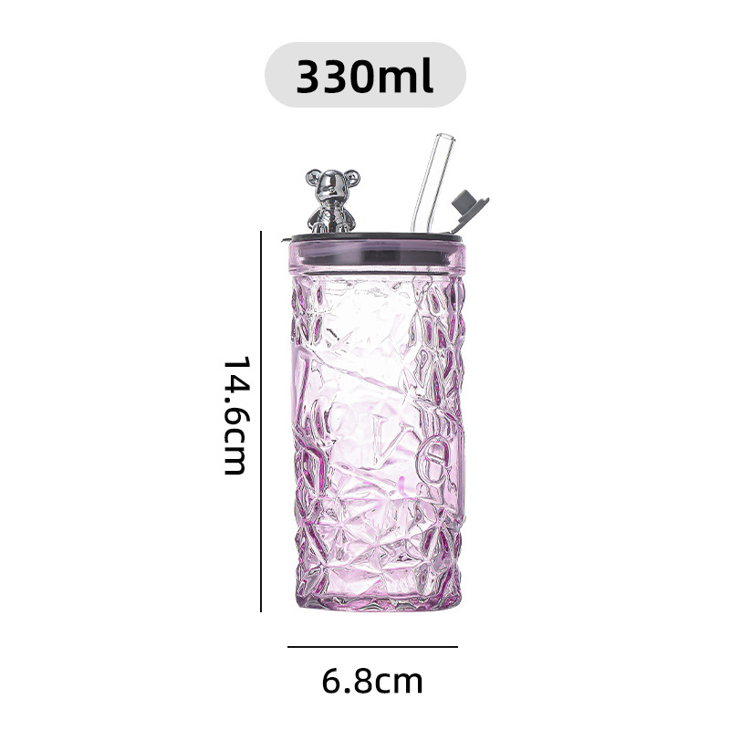 Vaso de cristal con diseño de oso – taza con tapa y pajita para regalo u oficina