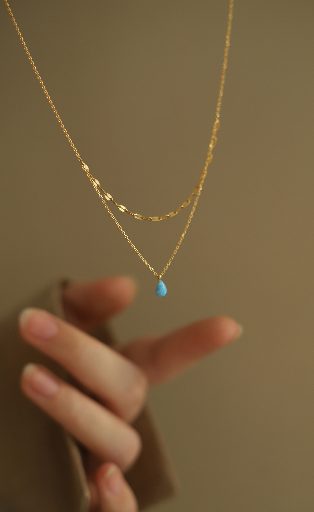 Linglang Blue Tears Water Drop Pendant Necklace 18K Gold Plated Layered Necklace Gold Chain Layering Jewelry