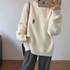 韩版秋冬新款刺绣小熊毛衣女温柔慵懒风宽松套头针织衫百搭女上衣