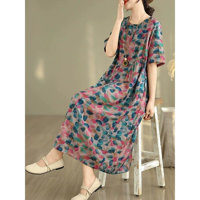Летнее этническое платье в ретро-стиле для экспорта, свободное и стройнящее универсальное платье из хлопка и льна.