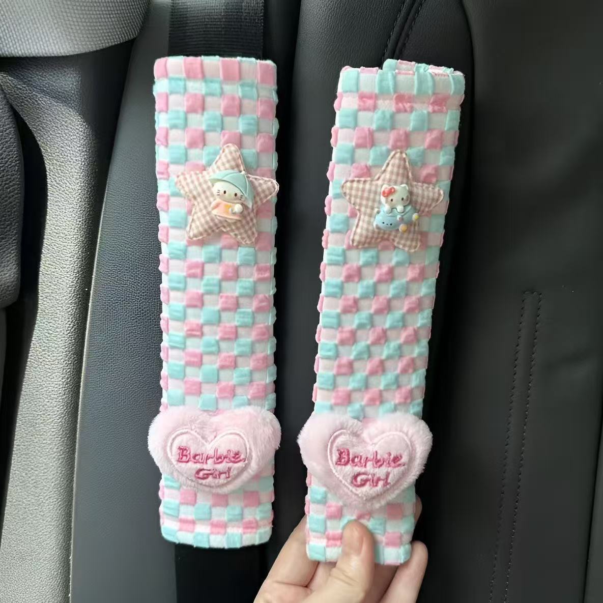 Sweet Mini Hello Kitty Seatbelt Shoulder Pads Soft Bubble Plaid Dopamine Colorful Car Interior for Women