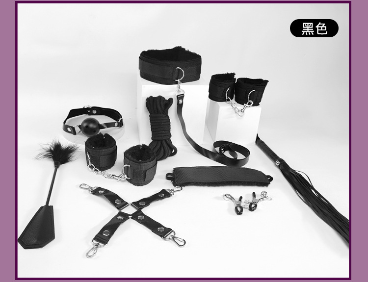 SM Flirting Set with Handcuffs and Nipple Clamps, 10-Piece Black Plush and Webbing Kit — detail image 42