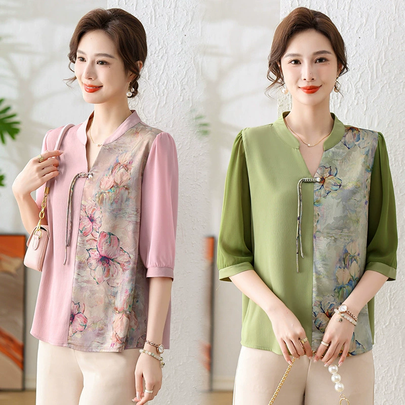 Новая футболка для мамы ко Дню матери, топ с v-образным вырезом для женщин среднего и пожилого возраста, новая летняя блузка в китайском стиле для женщин.