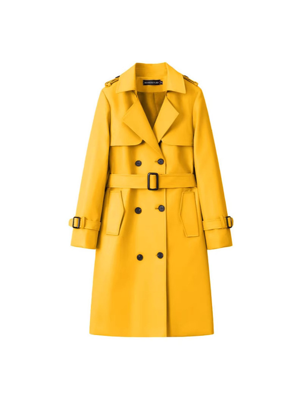 Yellow Pu Leather Trench Coat for Women, Long Style, 2026 Spring and Autumn New Model, High-End Feel, Loose Fit, Waist-Cinching, Casual and Elegant Coat Yellow Pu Leather Trench Coat for Women, Long Style, 2026 Spring and Autumn New Model, High-End Feel, Loose Fit, Waist-Cinching, Casual and Elegant Coat