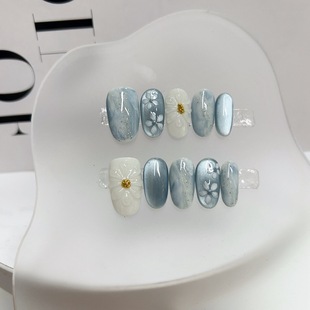 Handmade Japanese-Style Short Oval Peacock Green Hand-Painted Gradient High-End Wearable Nail Art Finished Nail Stickers Short Style