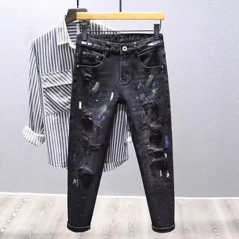 European and American Trendy Brand Ripped Jeans for Men, Cross-Border Splatter Paint Elastic Slim-Fit Skinny Jeans