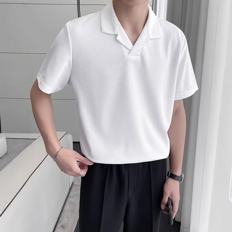 2025 Trendy Light Mature Style Cuban Collar Polo Shirt Men's Z Short-Sleeved Summer Inner Lapel Thin Waffle T-Shirt Trendy