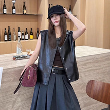 2025春秋新款时尚蛋白皮衣马甲外套女豹纹两面穿圆领无袖坎肩马夹