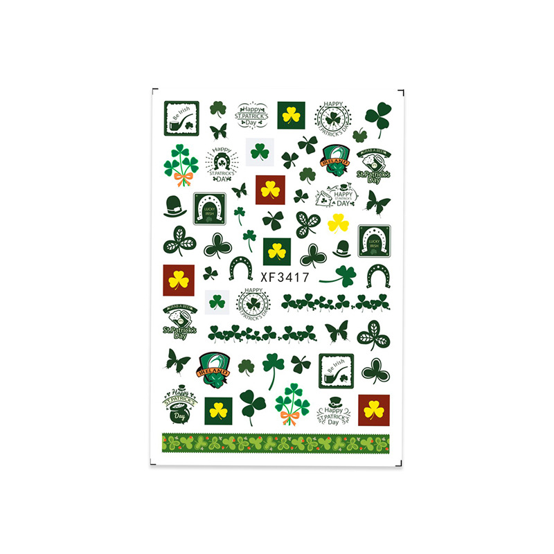 Transfronteriza nuevo trébol de la suerte trébol de cuatro hojas pegatinas de uñas traje irlandés pegatinas de uñas 10 piezas un conjunto