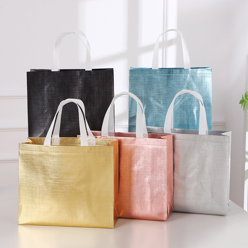 High-End Laminated Woven Bags, Eco-Friendly Metallic Texture Clothing Advertising Tote Bags, Shopping Gift Bags, Hand-Held Woven Bags