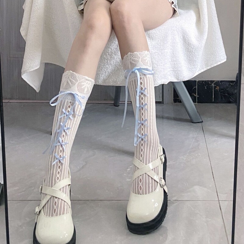 Lolita sweet strap bow tube socks printed lace Japanese jk calf socks wholesale a generation of hair