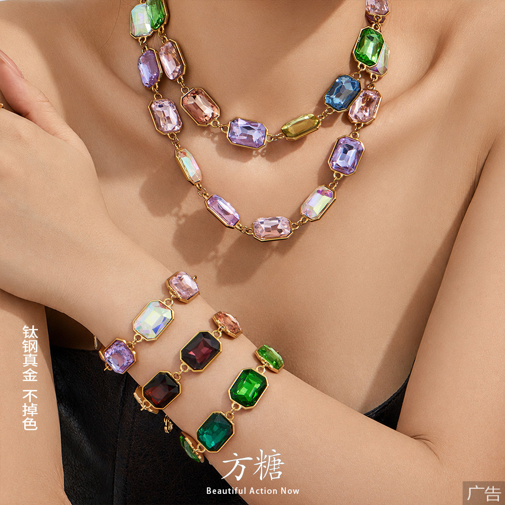 New European and American style multi-colored rectangular glass stone necklace and bracelet jewelry set, retro banquet style stainless steel jewelry
