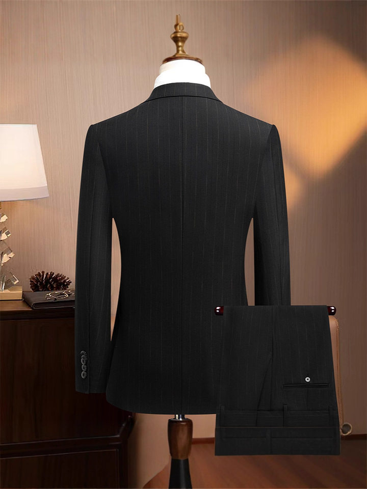 Bộ vest nam ba mảnh ve nhọn cài khuy đôi dáng ôm — Sọc đen quý ông (áo + quần), Sọc đen quý ông (áo + vest + quần)