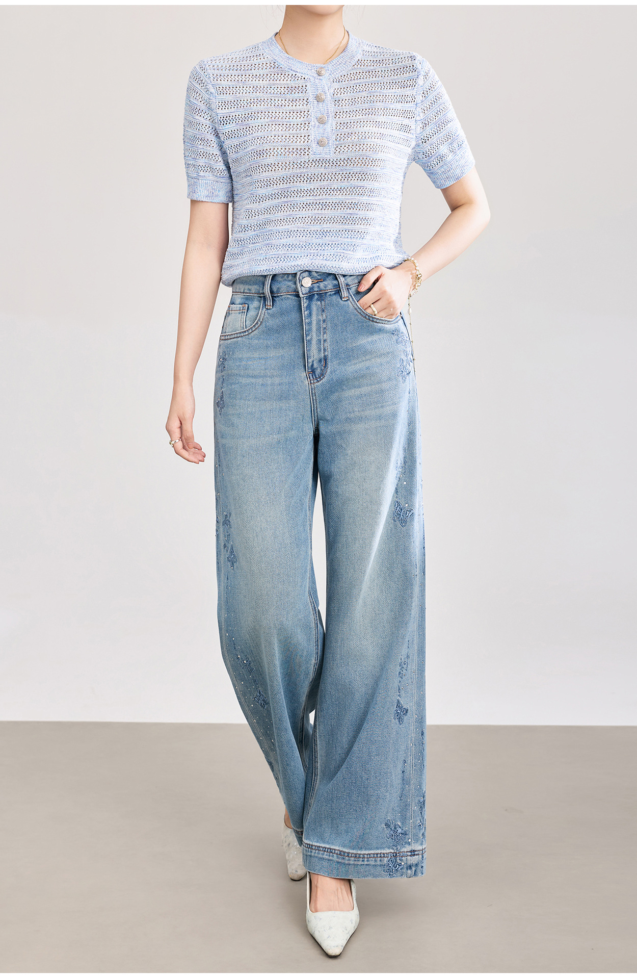 Quần jean nữ ống rộng chất liệu cotton phối lụa, thêu bướm đính kim cương — xanh lam chi tiết 7