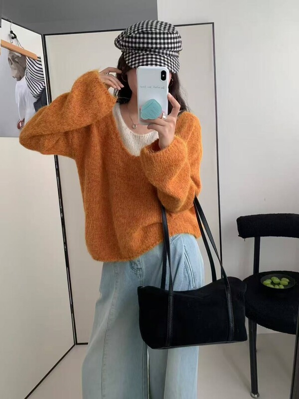 韩系假两件慵懒风针织上衣女时尚减龄拼色温柔软呼呼百搭套头毛衣|undefined