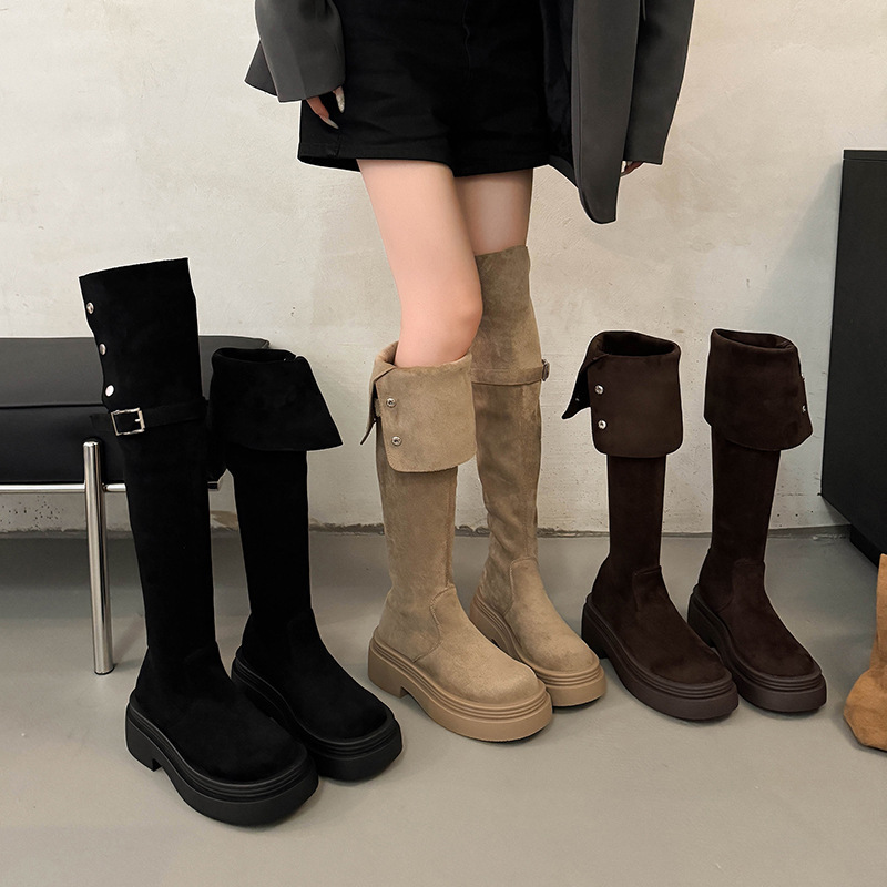 Over-The-Knee Fashion Boots for Women 2025 Autum New Popular Thick-Soled Suede Slim Boots with Elegant and High-End Knight Boots