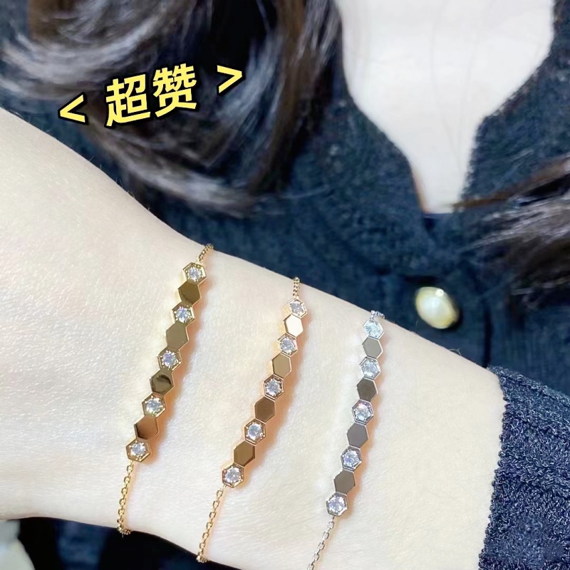 尚家高版本鍍18k金蜂巢間鑽手鍊精雕六邊形小方塊菱格半鑽款手飾