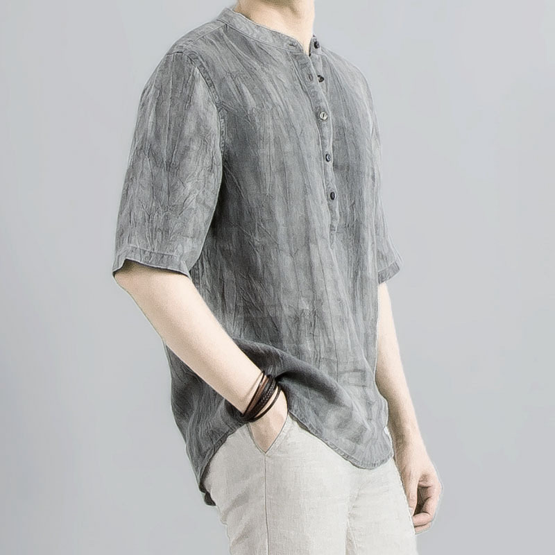 Vintage distressed pleated linen half sleeve shirt men's summer loose Chinese V-neck pullover casual shirt