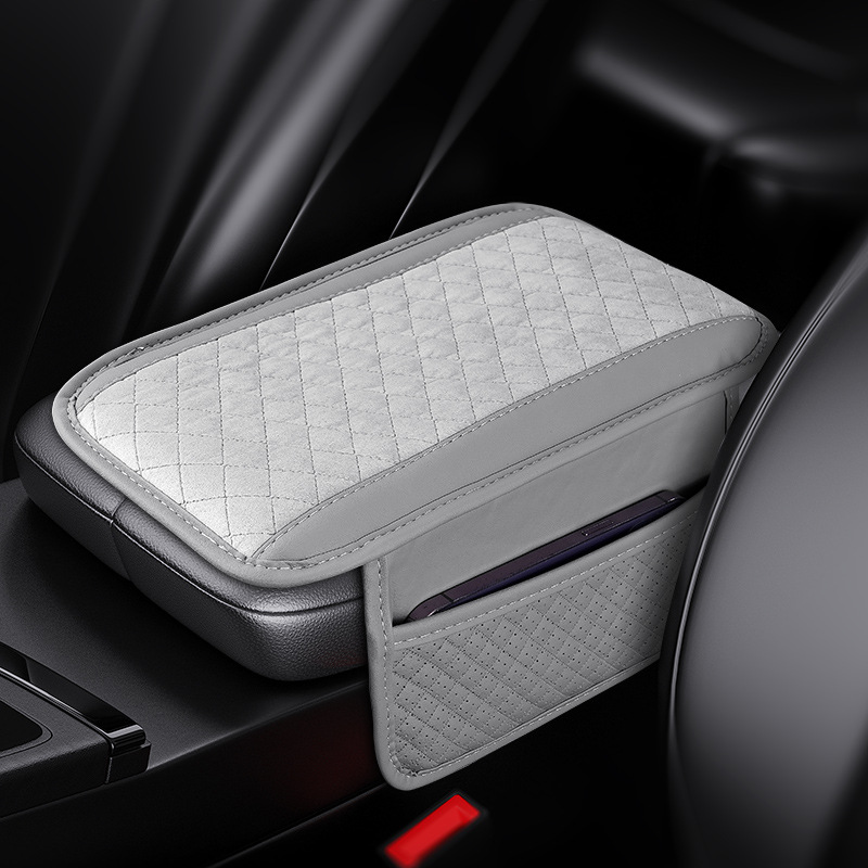 Fushou Plush Car Armrest Pad Heightening Storage Bag Car Multifunctional (Armrest box pad) - gray