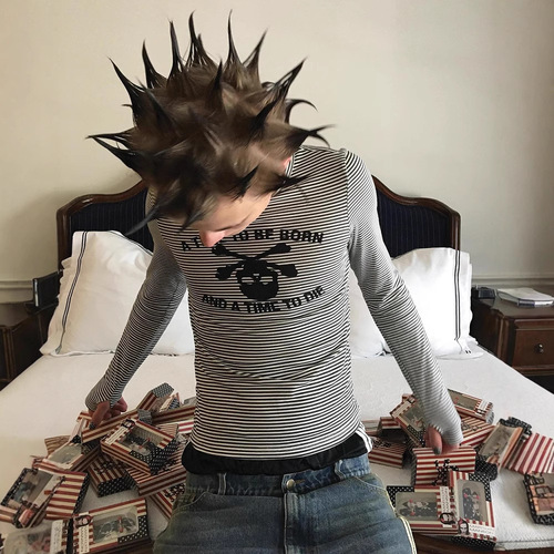 European and American Instagram plaid long-sleeved crew neck print hoodie with hood vintage high street striped long-sleeved print T-shirt