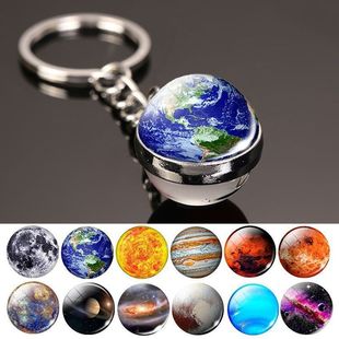 &€Luminous Planet Keychain Solar System Metal Pendant Galaxy Nebula Earth Double-Sided Glass Ball Key