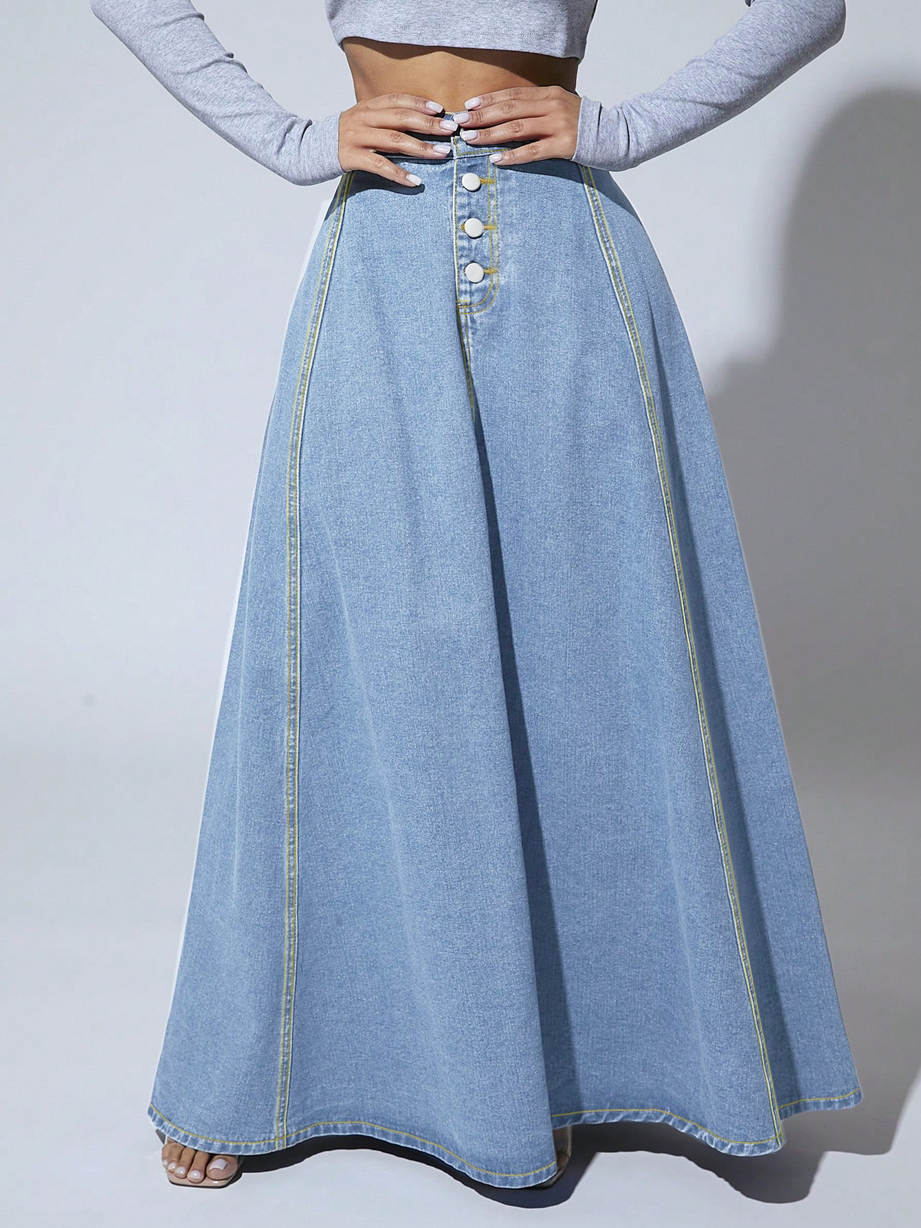 Mid Waist Waist Line 2025 Spring And Summer Streetwear Solid Color Cotton Denim Maxi Long Dress Skirts