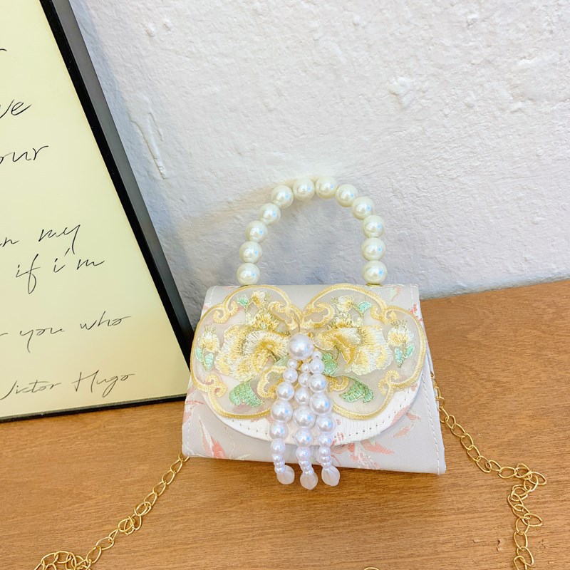 Bolso de princesa de niñas 2025, otoño nueva chica lindos bordillos de encaje mochila bolso de perlas de estilo chino Aisha