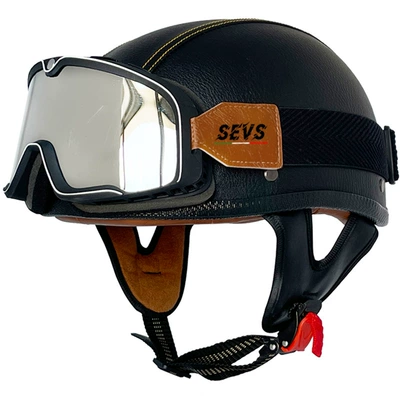 Motosiklet kaskı (dəbilqə) – electric motorcycle portable helmet cross-border - black-and-yellow-line-leather-helmet-large-frame-goggles-m