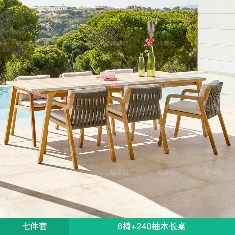 Mesas y sillas para exteriores, balcón de patio de villa, muebles de teca y ratán, terraza acristalada, jardín exterior, juego de sillas de ratán de madera maciza. image 12