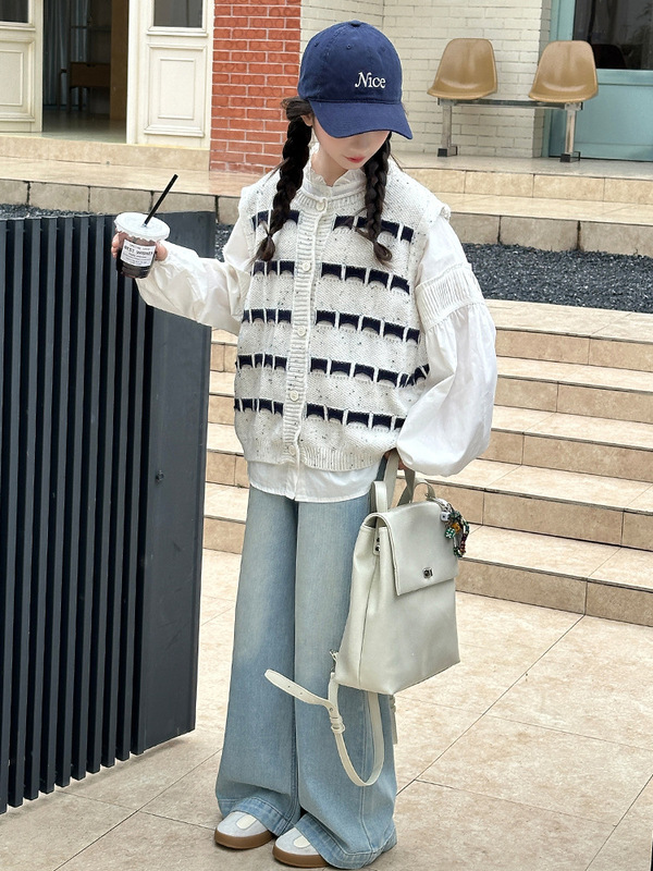 女童套装秋季2025新款儿童韩系穿搭女大童衬衫针织马甲牛仔裤三件|undefined