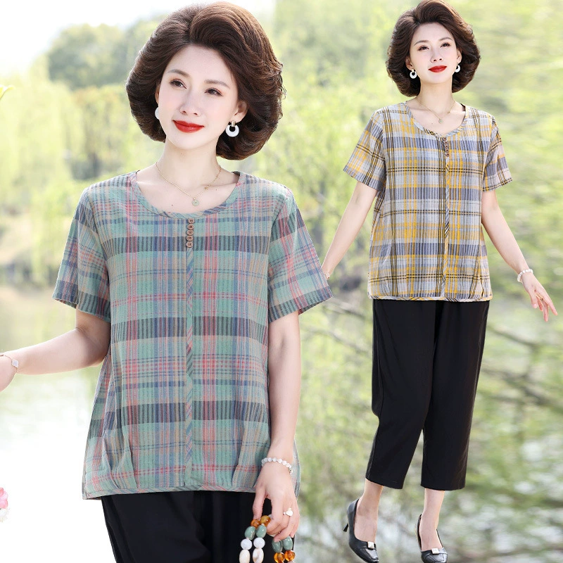Летняя клетчатая рубашка для мамы, женские хлопковые топы с короткими рукавами среднего и пожилого возраста, летняя клетчатая рубашка для мамы