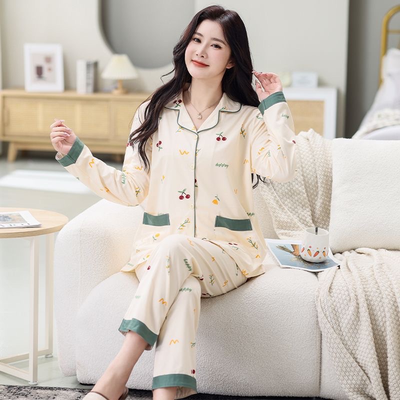 뜨거운 판매 봄과 가을 풀업 코튼 파자마 여성의 우아한 우아한 스타일 긴 소매 바지 카디건 플러스 사이즈 홈 의류 세트