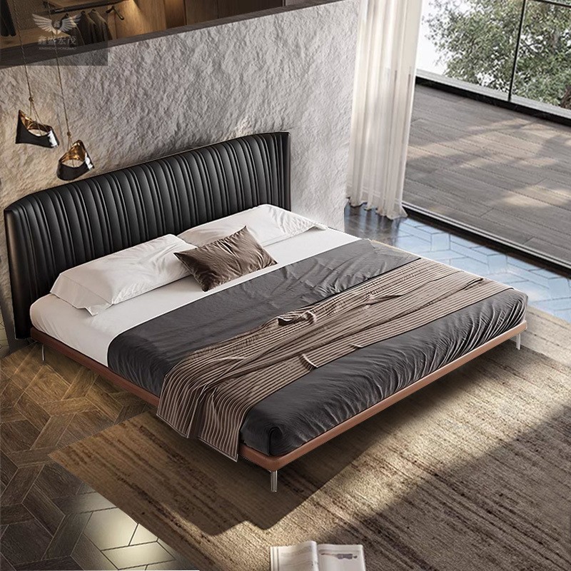 Conchas de cuero de lujo ligero, estilo antiguo, dormitorio principal minimalista, cama doble simple, cama doble de fresno, cama negra