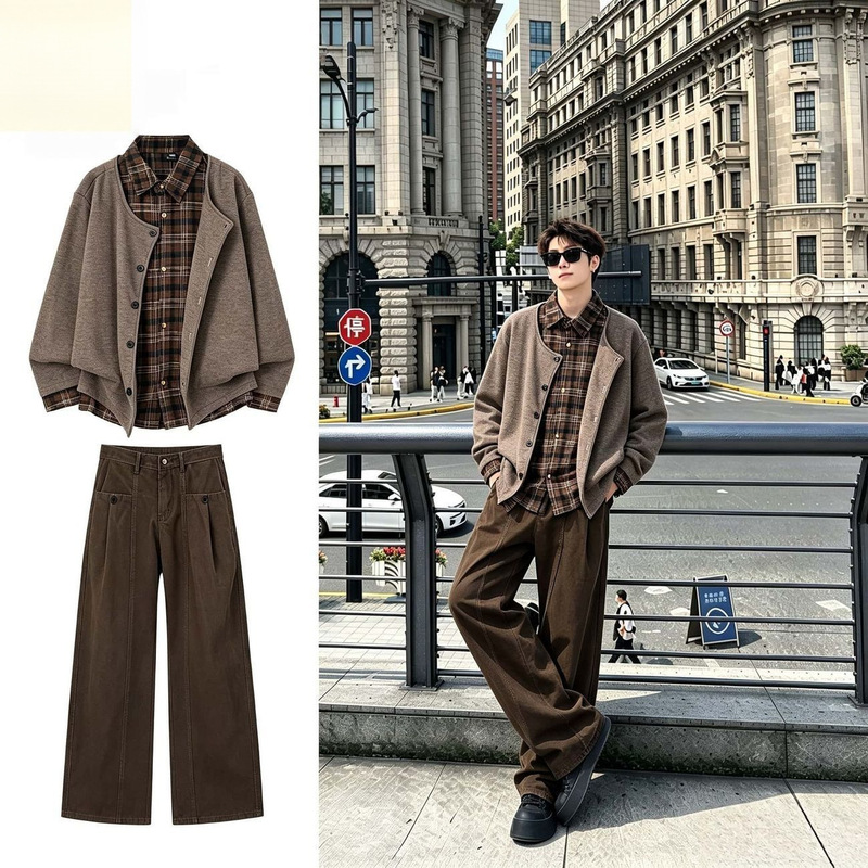 Autumn men's vintage plaid shirt, loose knit, trendy loose casual jeans set, in stock with tags Autumn men's vintage plaid shirt, loose knit, trendy loose casual jeans set, in stock with tags