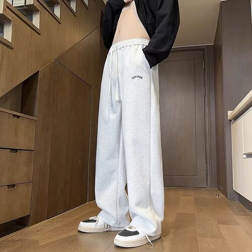 Men's Autumn New Heavyweight Alphabet Embroidered Sports Lounge Pants with Japanese Retro Badass Wide Leg Casual Trousers