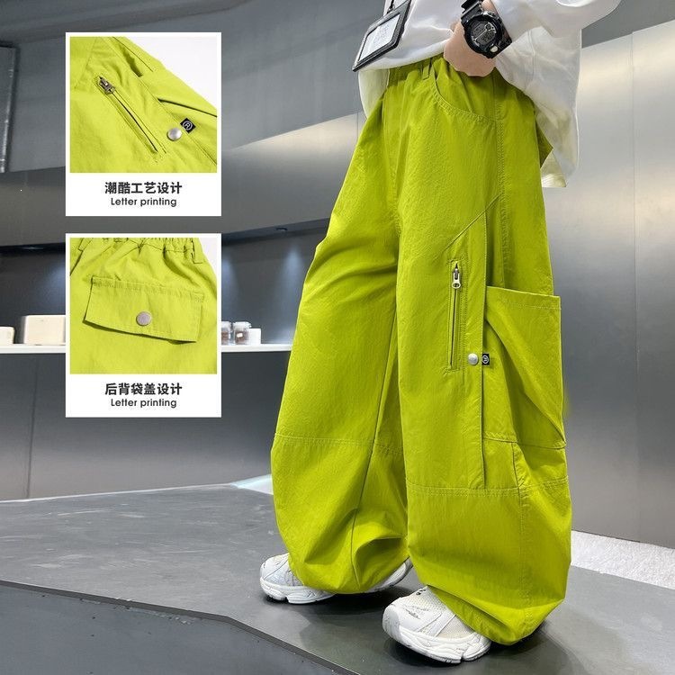 男童春夏款工装裤2026新款亮绿色工装裤痞帅潮流宽松款百搭休闲裤