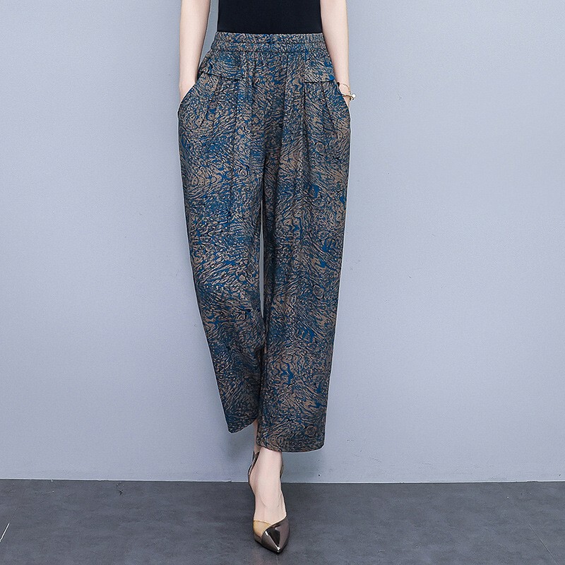 Pocket Cotton Silk Casual Women's Pants Summer plus size Loose Straight Cropped Pants Sag Sense Loose Waist Mother's Pants