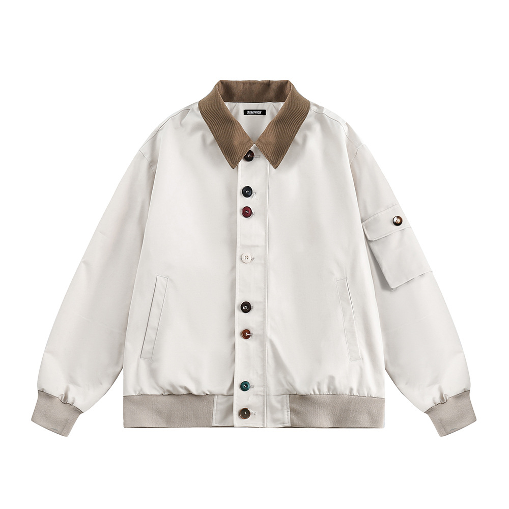 Stylische Arbeitsjacke für Herren – Übergroßer Streetwear-Mantel mit kontrastierendem Kragen und Knopfdesign | Punk-Ästhetik | Polyester | Lässige Oberbekleidung_voghion.com