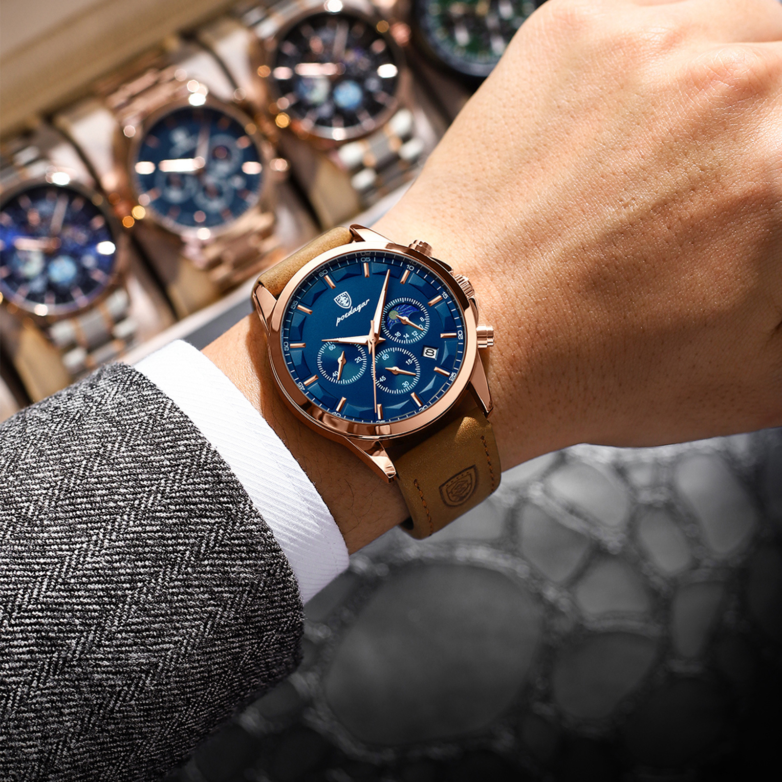 POEDAGAR multifuncional nuevo reloj de hombre moda seis agujas cronógrafo reloj de pulsera de cuarzo correa relojes casuales P928 image 4