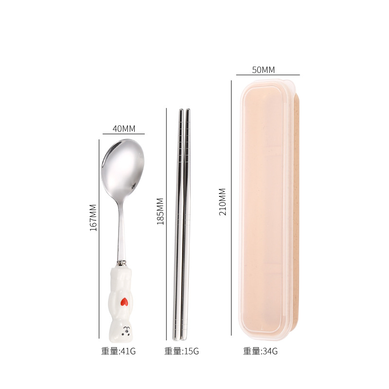 Corea del Sur ins lindo dibujos animados portátil de cerámica mango Acero inoxidable palillos Palillos vajilla hogar Bento desayuno