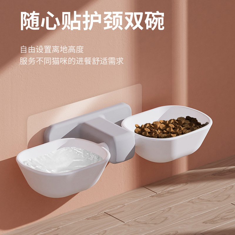 Punch-free montado en la pared de gato tazón antigolpes protección columna cervical gato tazón de comida gato mascota automático agua potable colgando doble Bowl