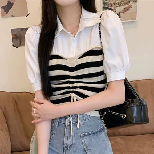 Temperament French shirt Striped knitted short-sleeved shirt for women's summer design niche drawstring bubble sleeve short top